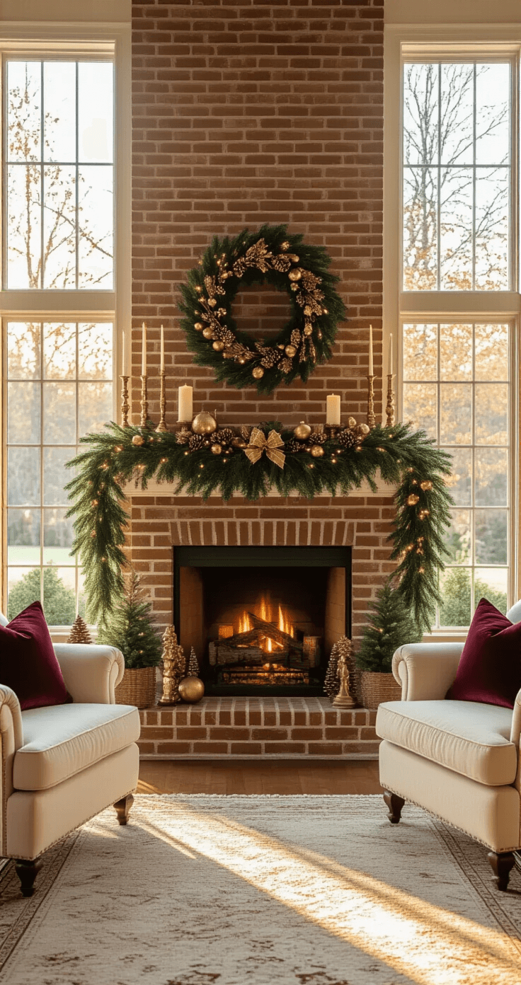 Magical Christmas Mantle Decor: Transform Your Space into a Festive Wonderland A cozy living room featuring a traditional brick fireplace with a beautifully decorated Christmas mantle, illuminated by warm amber sunlight. The mantle is adorned with lush evergreen garland, a large burgundy velvet wreath, brass candlesticks, vintage ornaments, pinecones, and potted Norfolk pines. Cream armchairs are arranged for intimate seating, enhancing the welcoming holiday atmosphere created by soft lighting and warm LED string lights.