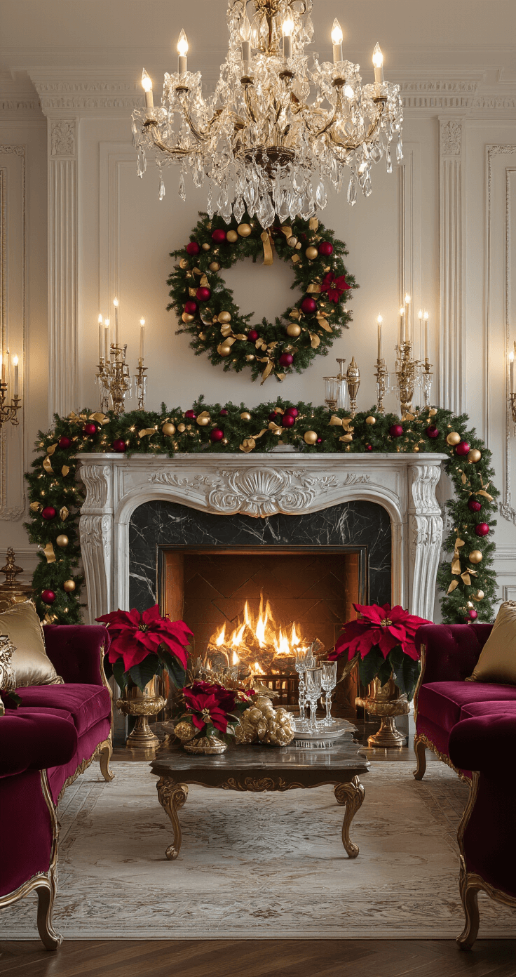 Magical Christmas Mantle Decor: Transform Your Space into a Festive Wonderland Luxurious traditional living room with an ornate marble fireplace, warmly lit by firelight and a crystal chandelier, featuring opulent Christmas decor of deep green garland, gold ribbon, oversized burgundy ornaments, tall silver candelabras, and rich crimson poinsettias, surrounded by plush velvet furniture in jewel tones.