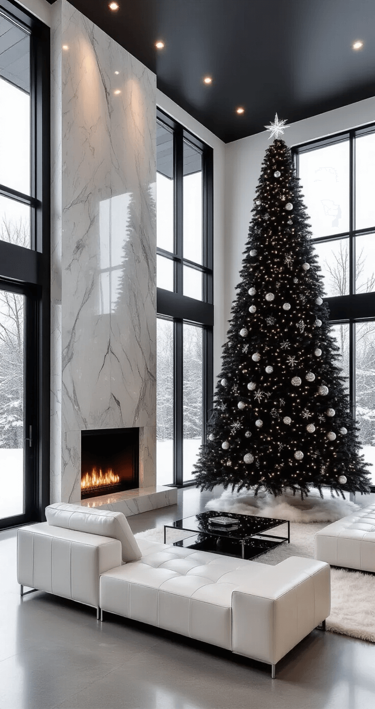 Black Christmas Tree: Transform Your Holiday Decor with Dramatic Elegance A contemporary open-concept living room featuring an 8-foot black Christmas tree near a sleek marble fireplace, with polished concrete floors and floor-to-ceiling glass walls showcasing a snowy landscape. The tree is adorned with minimalist geometric silver ornaments and white LED lights, complemented by a white leather sectional and black lacquer coffee table. The space is filled with natural light, highlighting its modern elegance and luxurious textures.