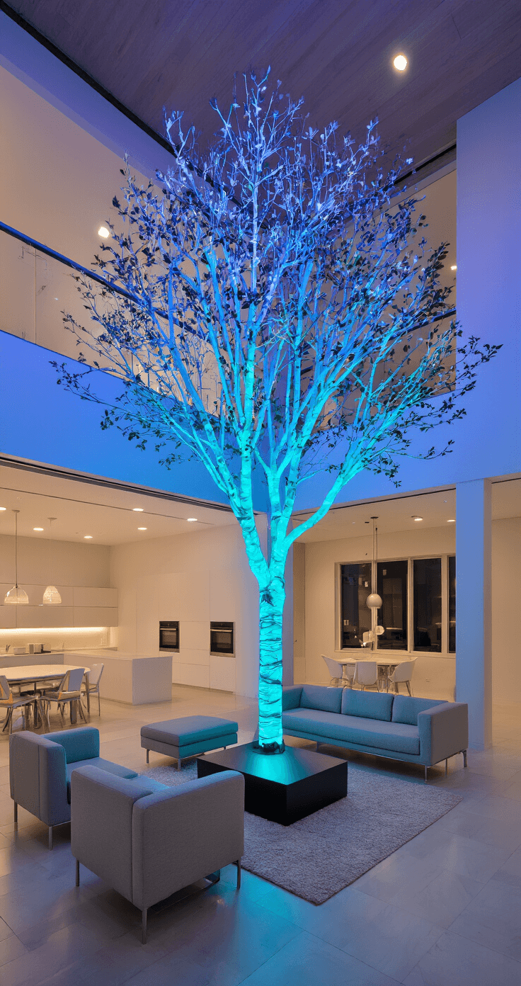 Christmas Tree Decorating in 2025: The Ultimate Guide to Festive Flair A spacious open-plan room featuring a 9-foot smart LED tree cycling through vibrant colors under blue hour ambient light, complemented by minimal modern furniture in neutral tones, with various light layers enhancing the scene's depth.