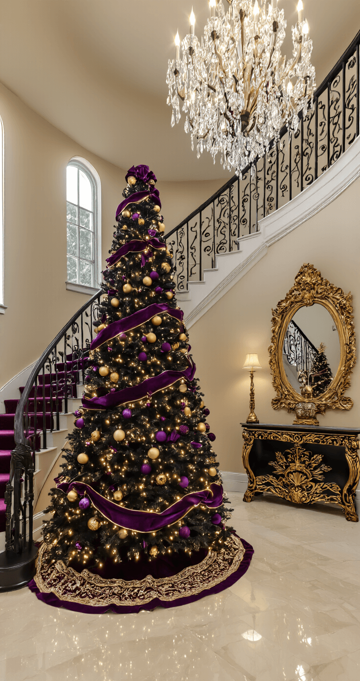 Black Christmas Tree: Transform Your Holiday Decor with Dramatic Elegance Luxurious entryway foyer with a 6-foot black Christmas tree adorned in deep purple and gold ornaments, beside a grand staircase with wrought iron railings; polished marble floors, soaring ceilings, and an ornate chandelier create a moody, elegant atmosphere.