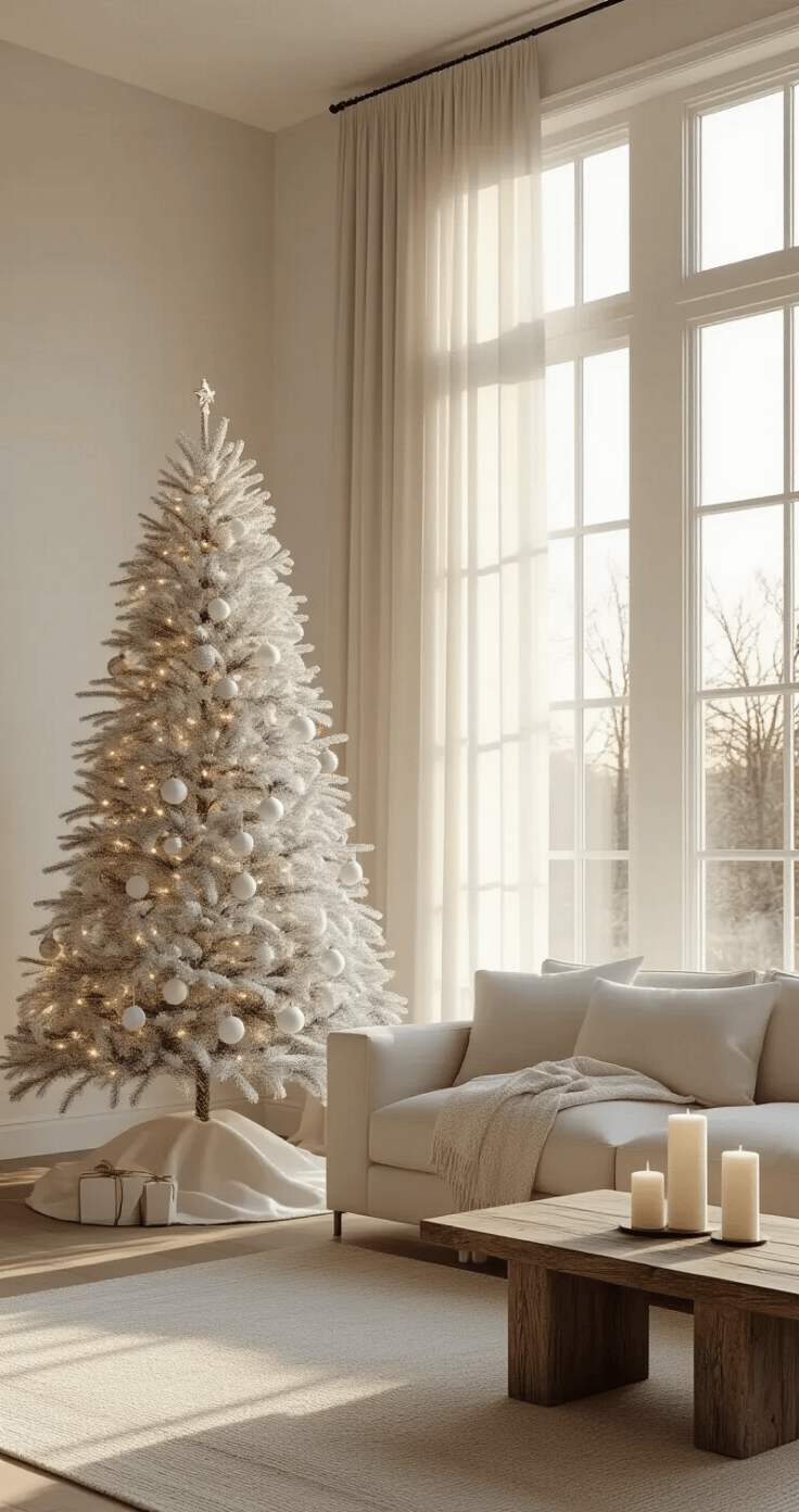 Minimalist Christmas Decor: Creating a Serene and Stylish Holiday Space Photorealistic interior of a spacious living room during golden hour, featuring a slim 7-foot white artificial Christmas tree with clear glass ornaments and warm white lights near floor-to-ceiling windows, a neutral linen sofa with cashmere throws, and a reclaimed wood coffee table with white pillar candles, all set against serene Benjamin Moore Cloud White walls.