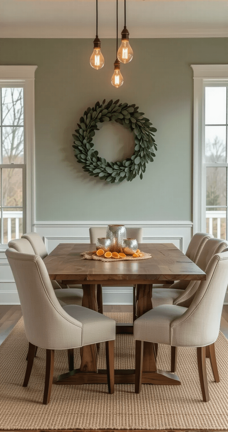 Minimalist Christmas Decor: Creating a Serene and Stylish Holiday Space Elegant dining room during blue hour featuring a minimalist eucalyptus wreath above a live-edge walnut table surrounded by warm beige upholstered chairs, with a centerpiece of mercury glass votives and scattered dried orange slices on a jute runner, all warmly lit by Edison bulb pendant lights against sage green walls with white wainscoting.