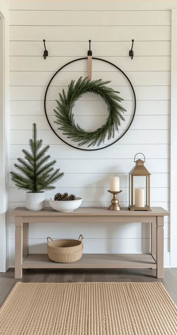 Minimalist Christmas Decor: Creating a Serene and Stylish Holiday Space Sophisticated entryway featuring a minimalist black metal hoop wreath on a whitewashed shiplap wall, a bleached oak console table with a white ceramic bowl of pine cones, a brass lantern with a candle, and a Norfolk pine, against a backdrop of wide-plank driftwood gray floors and natural light from frosted glass doors.