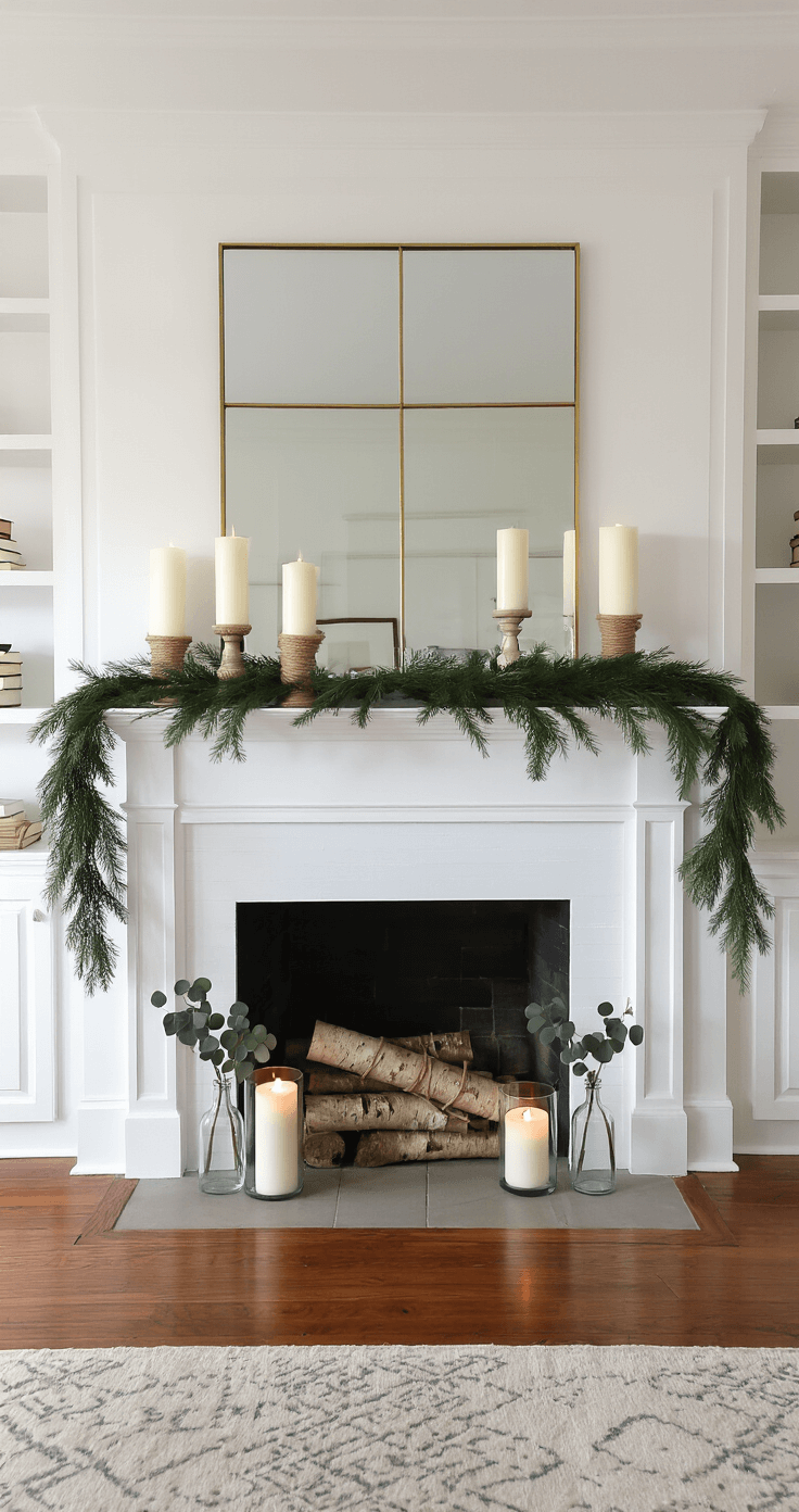 Minimalist Christmas Decor: Creating a Serene and Stylish Holiday Space An elegant evening living room mantelpiece featuring a simple fresh pine garland, three white pillar candles in glass holders, small vases with eucalyptus, and a large brass-framed mirror reflecting candlelight, all set on rich walnut hardwood floors with built-in bookshelves on the sides, creating a warm and romantic ambiance.