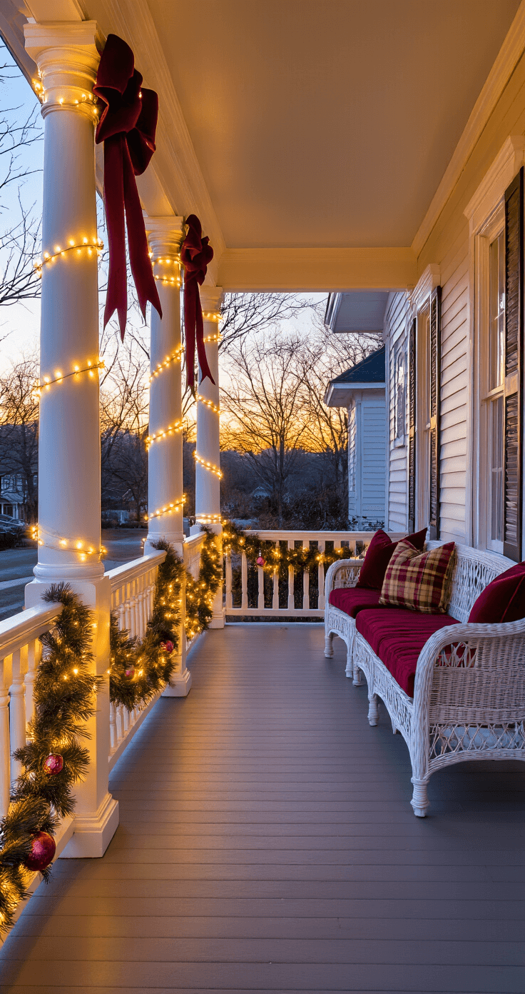 Magical Outdoor Christmas Decor: Transform Your Yard into a Festive Wonderland A cozy suburban front porch adorned for the holidays, featuring Victorian-style columns wrapped in warm white LED lights, burgundy velvet ribbon bows, plaid cushions on wicker chairs, and festive garland, all illuminated by the golden hour light.