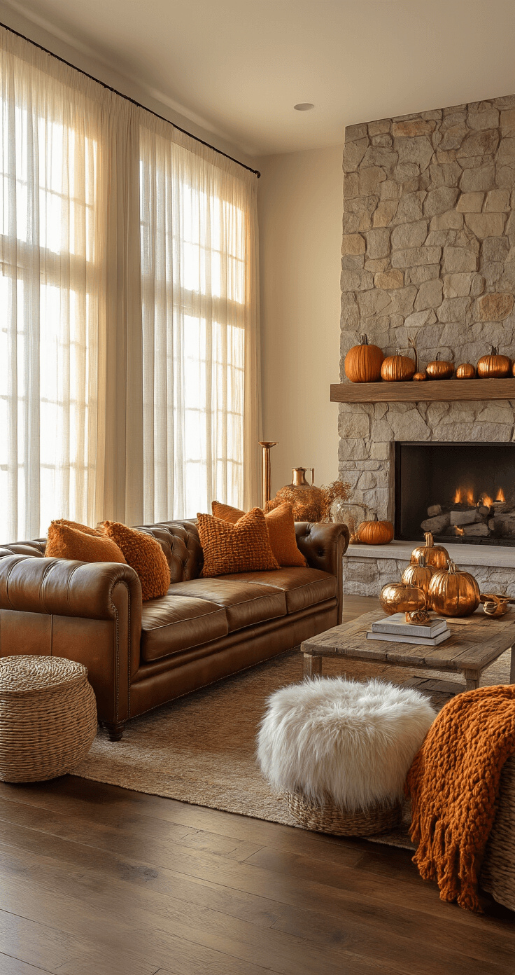 Cozy Fall Decor: Transform Your Home into an Autumn Haven A welcoming 15x20ft living room bathed in golden hour light, featuring a deep cognac leather sofa with burnt orange throws, autumn decor including metallic pumpkins and amber glass vessels, rich walnut flooring, and a large stone fireplace, all captured from an elevated angle to highlight textured elements like woven baskets and brass candlesticks.