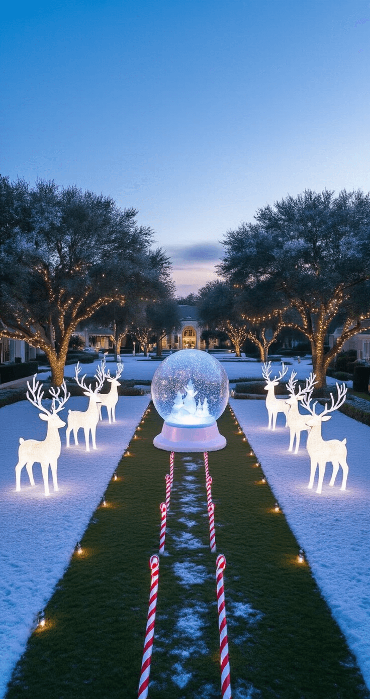 Magical Outdoor Christmas Decor: Transform Your Yard into a Festive Wonderland Drone shot of a winter wonderland front lawn featuring artificial snow, illuminated candy cane markers, a large inflatable snow globe, LED reindeer sculptures, and icicle-wrapped oak trees, all in a cool palette of white, silver, and pale blue, captured at twilight.