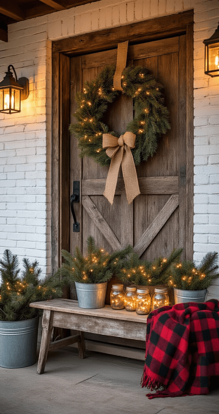 Magical Outdoor Christmas Decor: Transform Your Yard into a Festive Wonderland Intimate close-up of a rustic farmhouse entryway featuring a barn wood door with a large evergreen wreath, vintage sled with fairy lights, plaid blankets on a bench, and pine boughs in galvanized buckets, all warmly lit by Edison bulb string lights.