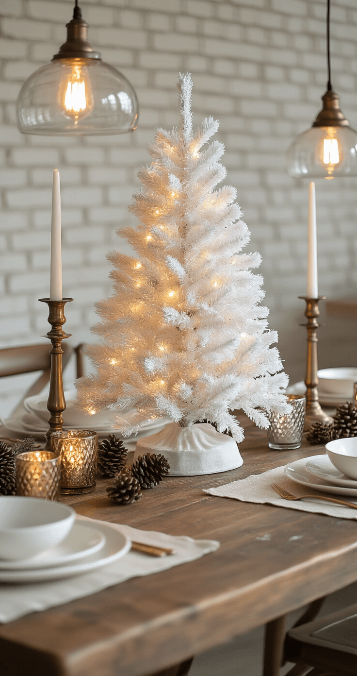 White Christmas Trees: A Modern Holiday Decor Statement An intimate Christmas tabletop scene featuring a compact white flocked tree glowing with fairy lights on a reclaimed wood dining table, surrounded by vintage brass candlesticks, mercury glass votives, and pinecones dusted with artificial snow, set against soft cream exposed brick walls, with warm pendant lighting above.