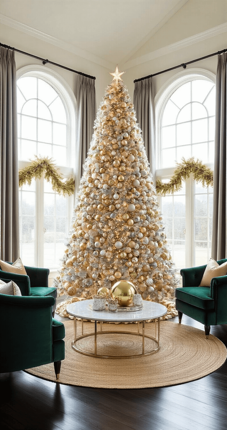 White Christmas Trees: A Modern Holiday Decor Statement Luxurious great room featuring an 8-foot pre-lit white pine Christmas tree adorned with gold, silver, and champagne ornaments, with sunlight filtering through tall windows and reflecting off dark walnut flooring, surrounded by velvet emerald armchairs and a marble-topped coffee table.
