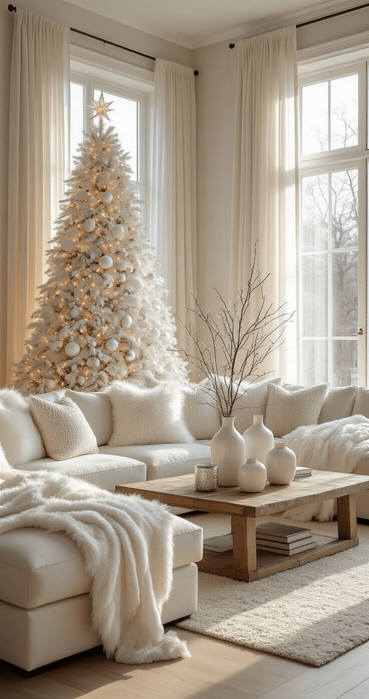 Creating a Magical White Christmas Decor: Your Ultimate Styling Guide Photorealistic living room featuring an 8-foot white flocked Christmas tree, cream hardwood floors, a plush ivory sectional sofa, and warm golden hour light streaming through sheer curtains, set in a cozy and elegant atmosphere with metallic silver accents.
