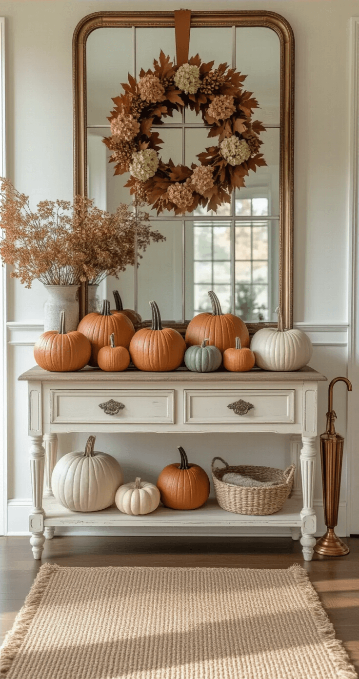 Cozy Fall Decor: Transform Your Home into an Autumn Haven A vintage console in distressed cream displays heirloom pumpkins in muted colors, beneath an oversized mirror reflecting a dramatic fall wreath, all bathed in soft morning light with moody shadows highlighting architectural details.