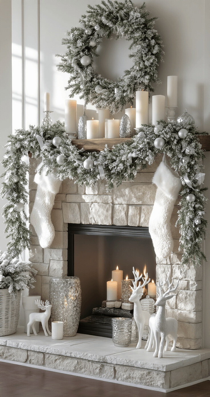 Creating a Magical White Christmas Decor: Your Ultimate Styling Guide Elegant fireplace mantel styled for Christmas with white garland, pillar candles, frosted glass ornaments, and white ceramic reindeer against a gray accent wall, captured in soft morning light.