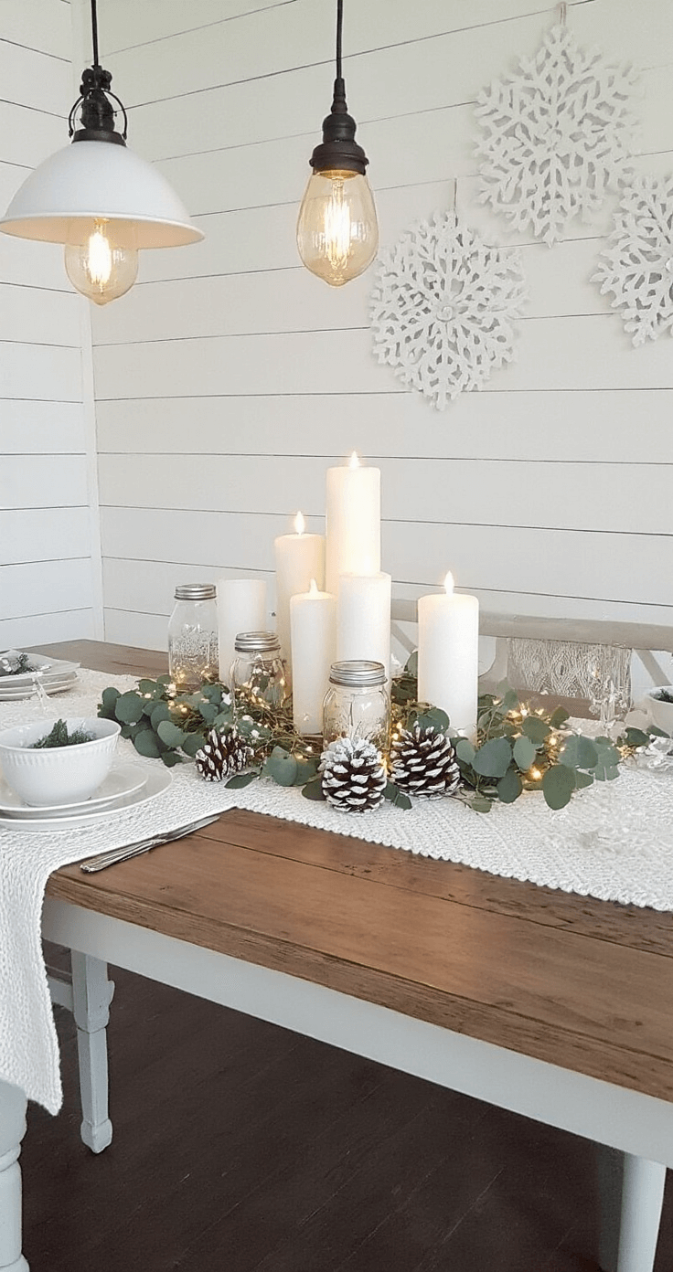 Creating a Magical White Christmas Decor: Your Ultimate Styling Guide Intimate, budget-friendly white Christmas dining room scene with a farmhouse table set with white candles, DIY snowflakes, spray-painted pinecones, mason jars with fairy lights, white ceramic dishes, vintage silverware, hand-knitted table runners, and fresh eucalyptus, against a backdrop of dark wooden floors and white shiplap walls, captured from above at a 30-degree angle.