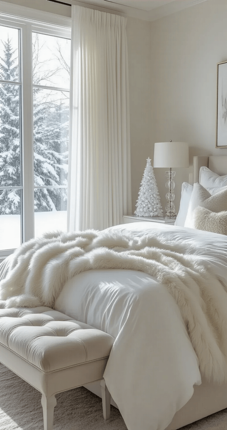 Creating a Magical White Christmas Decor: Your Ultimate Styling Guide Luxurious winter sanctuary master bedroom with a king-sized bed adorned in white bedding, featuring a designer Christmas tree, crystal lamps, and snow-dusted trees visible through floor-to-ceiling windows, all bathed in soft afternoon light.