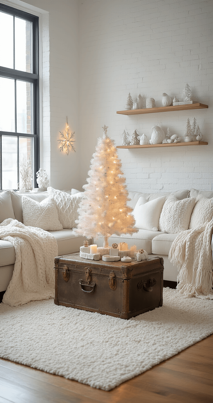 Creating a Magical White Christmas Decor: Your Ultimate Styling Guide Cozy apartment living space decorated for a white Christmas, featuring a 4-foot tabletop tree, string lights, textured pillows, and curated decor, all captured during golden hour.