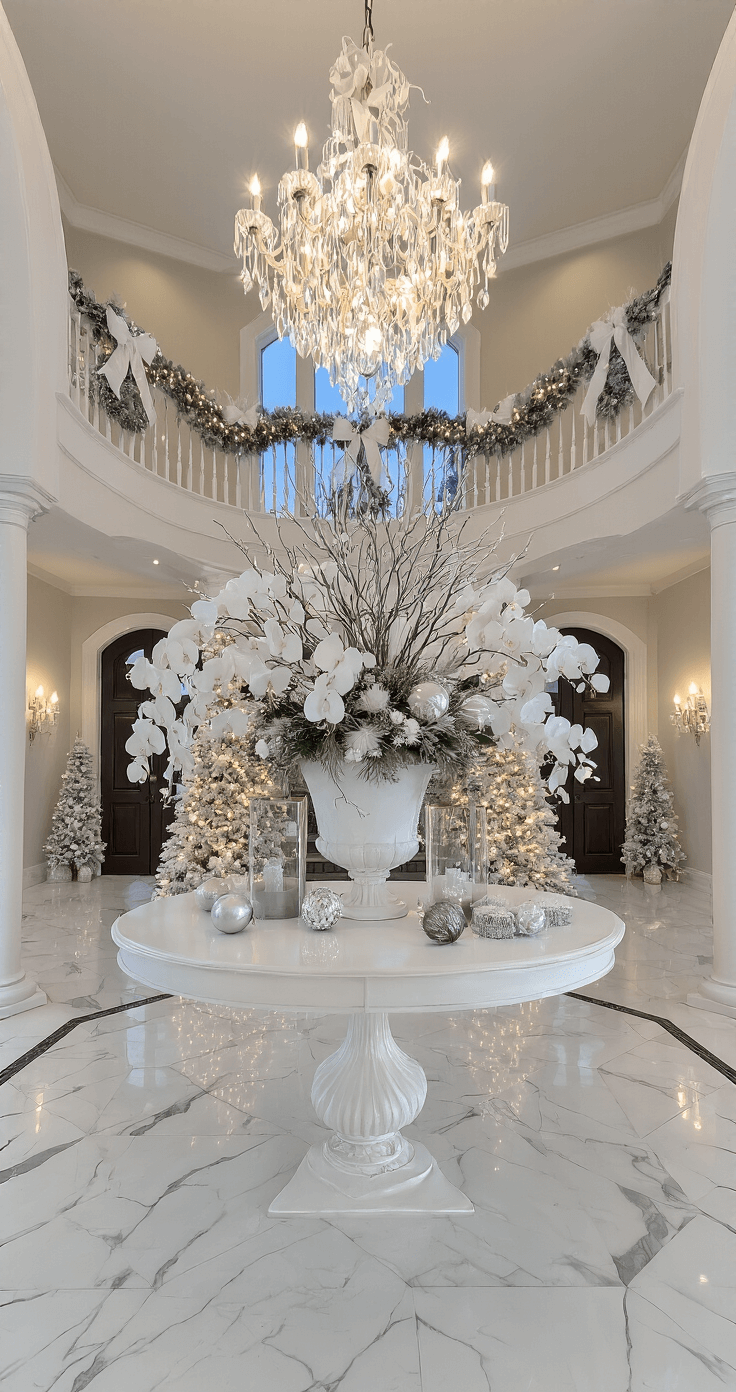 Creating a Magical White Christmas Decor: Your Ultimate Styling Guide A grand, white Christmas entryway with a flocked garland on a curved staircase, illuminated by warm LED lights and featuring a chandelier, marble floors, and a stunning centerpiece of orchids and crystals.