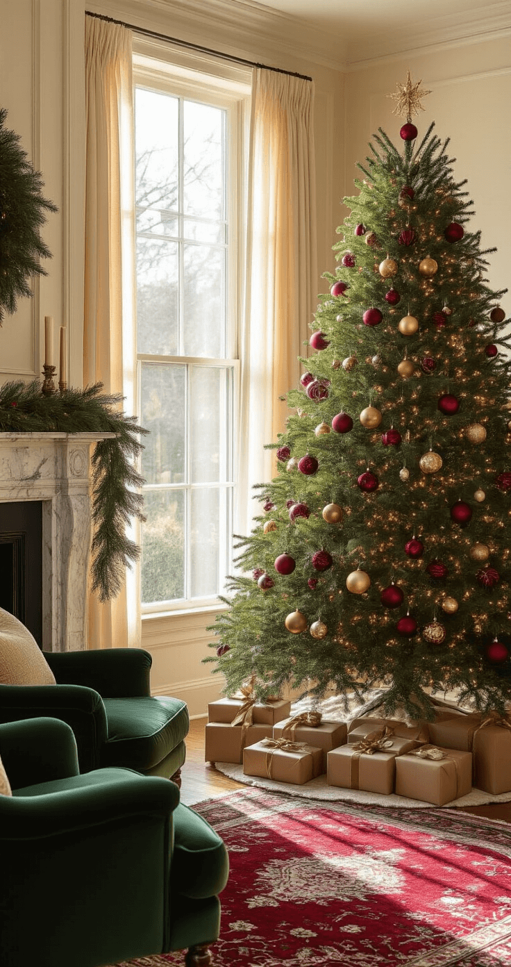 Creating a Magical Vintage Christmas Tree: A Nostalgic Holiday Styling Guide Wide-angle shot of an elegant living room with a majestic vintage Christmas tree decorated in rich burgundy, forest green, and antique gold ornaments, illuminated by afternoon light filtering through sheer curtains; a vintage Persian rug and plush emerald green armchairs complete the cozy holiday scene.