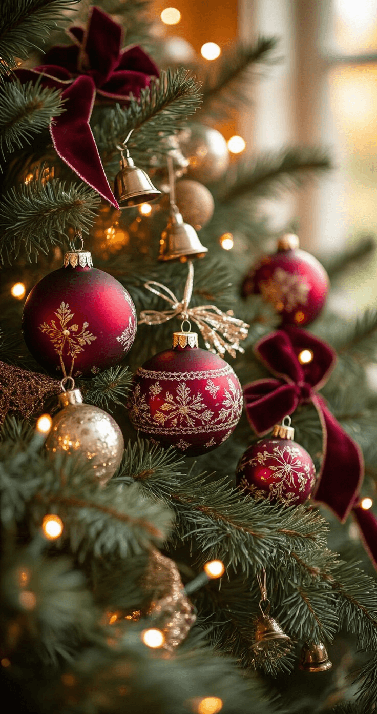 Creating a Magical Vintage Christmas Tree: A Nostalgic Holiday Styling Guide Close-up macro shot of vintage glass ornaments in ruby red and champagne gold on evergreen branches, accented with silver tinsel, miniature sleigh bells, and burgundy plaid ribbons, illuminated by warm backlighting during golden hour, featuring dreamy bokeh against a cozy amber background.