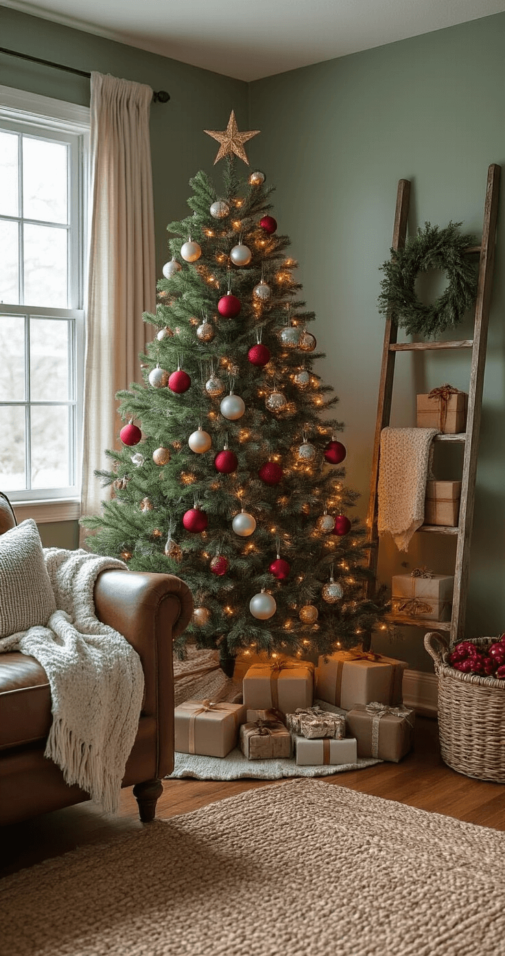 Creating a Magical Vintage Christmas Tree: A Nostalgic Holiday Styling Guide Cozy family room corner adorned with vintage Christmas decor, featuring a noble fir tree with mismatched ornaments, warm string lights, a distressed ladder with decorations, and a leather armchair, all set against sage green walls during twilight.