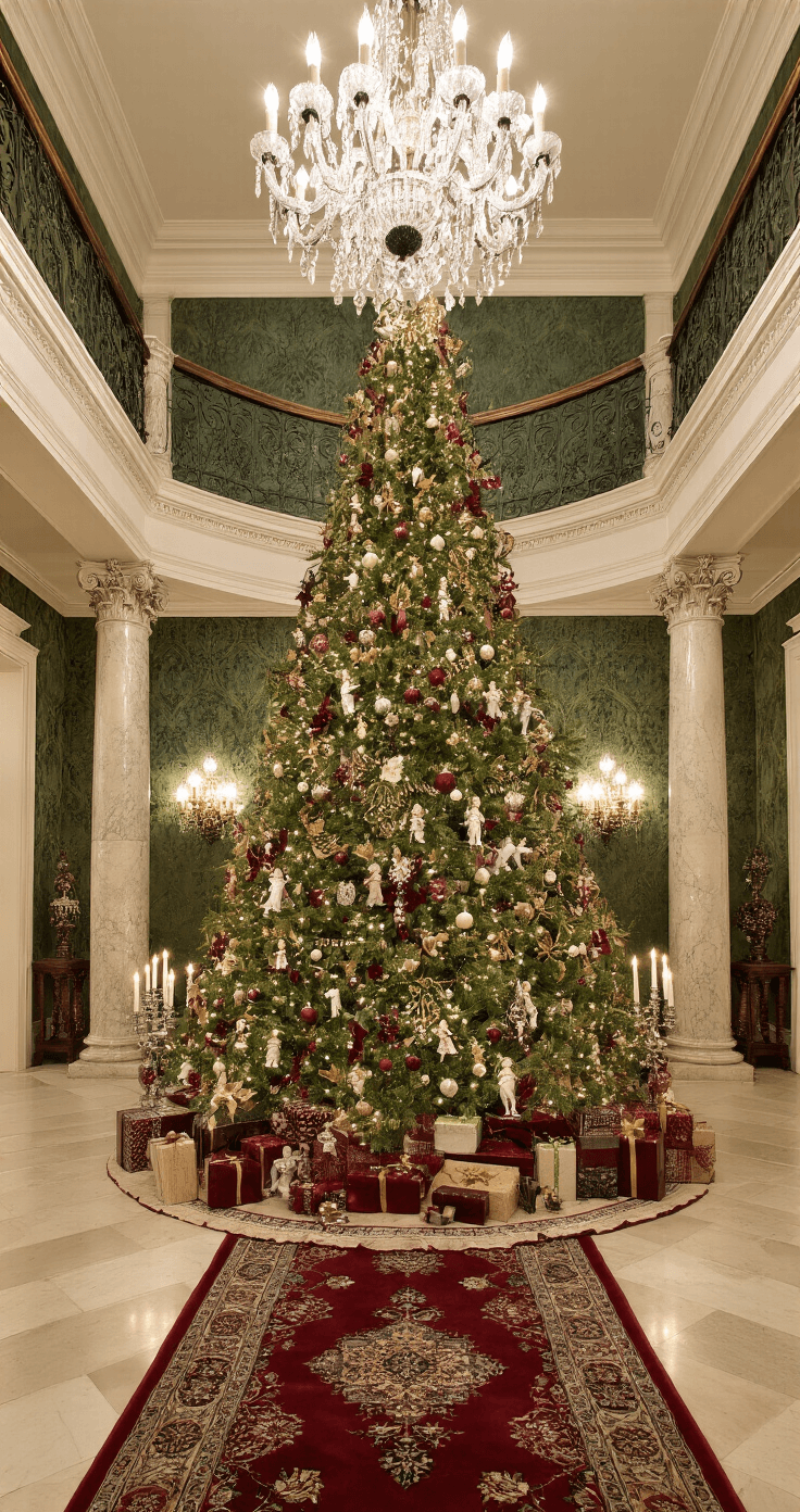 Creating a Magical Vintage Christmas Tree: A Nostalgic Holiday Styling Guide Dramatic low-angle view of a luxurious vintage Christmas tree in an elaborate foyer, featuring a grand chandelier, marble columns, and a sweeping staircase, decorated with Victorian ornaments and surrounded by elegantly wrapped gifts.