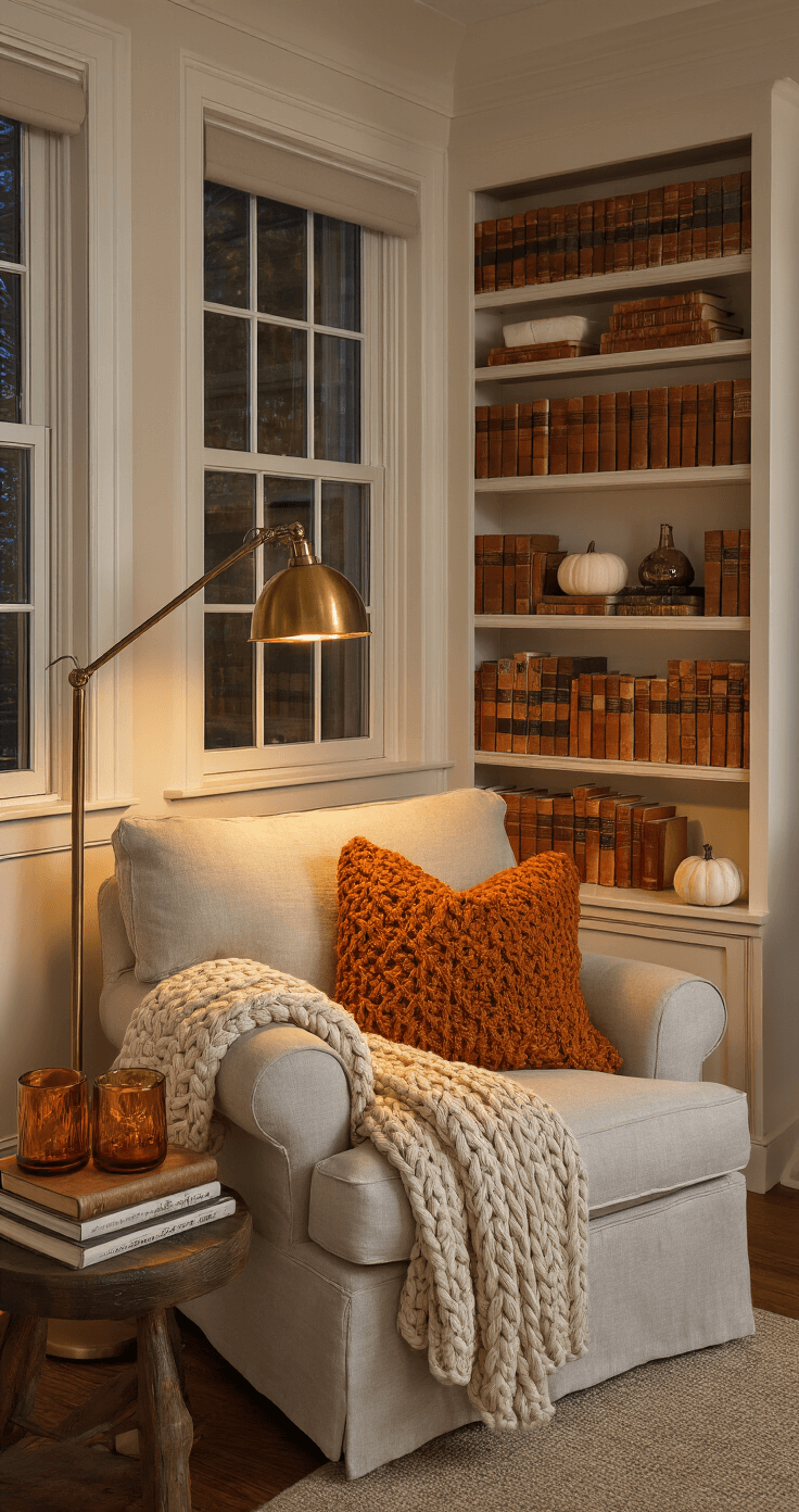Cozy Fall Decor: Transform Your Home into an Autumn Haven Cozy reading nook at dusk featuring an oversized oatmeal linen armchair with a spiced pumpkin cable-knit throw, vintage brass floor lamp casting warm light, stacked leather-bound books, a weathered oak side table with amber glass hurricanes and white ceramic pumpkins, and a towering built-in bookshelf filled with autumn-toned books.