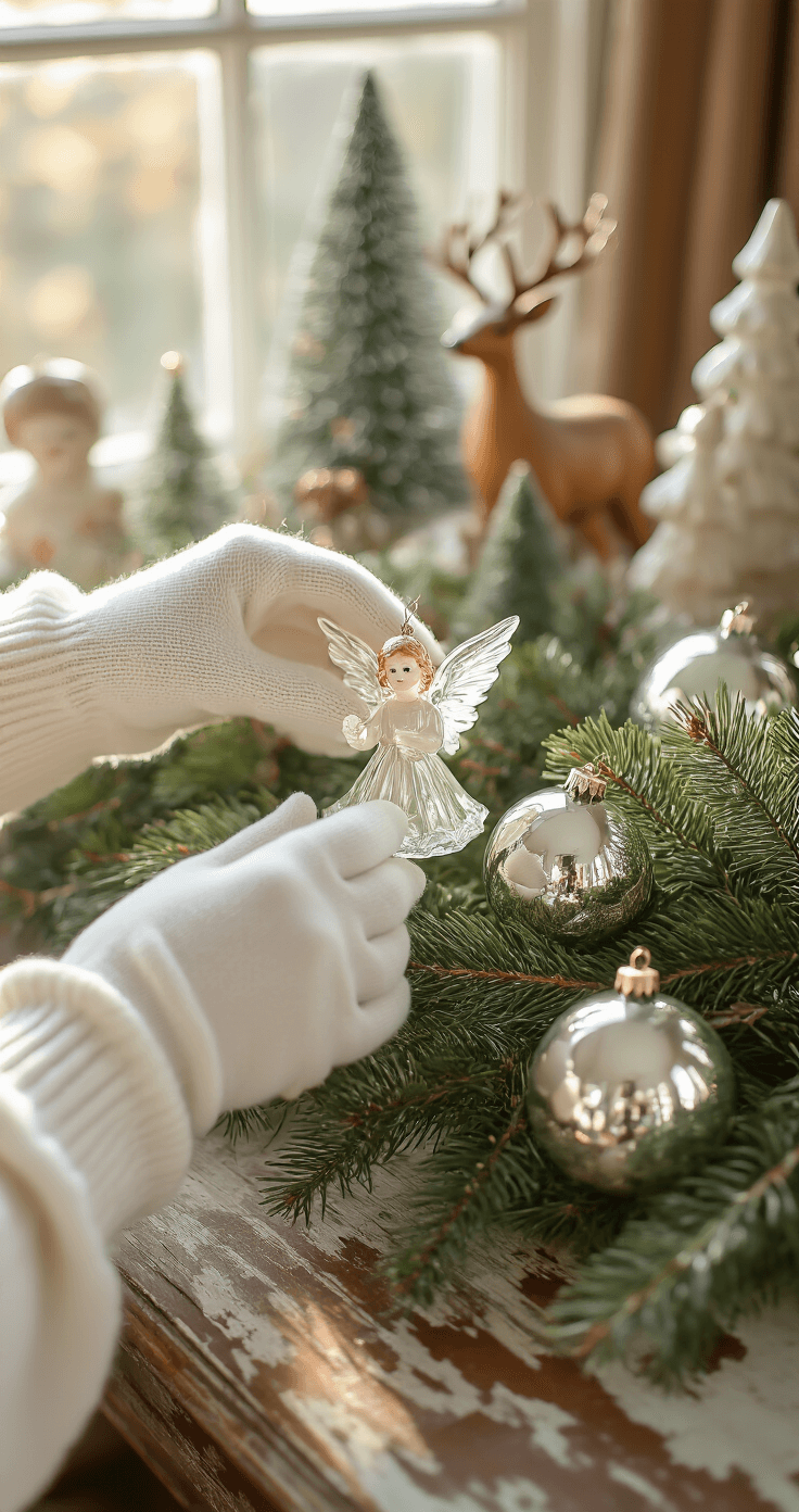 Creating a Magical Vintage Christmas Tree: A Nostalgic Holiday Styling Guide A close-up of delicate hands in white cotton gloves arranging a fragile 1950s glass angel ornament among evergreen branches, surrounded by mercury glass baubles, with warm morning light illuminating rich textures of glass, bark, and wood.
