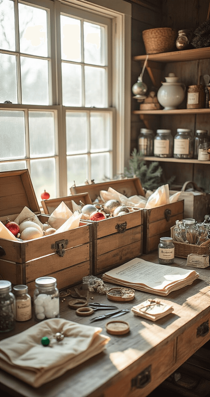Creating a Magical Vintage Christmas Tree: A Nostalgic Holiday Styling Guide A sunlit storage area filled with neatly organized vintage Christmas ornaments, showcasing open crates, suitcases, and a farmhouse table with restoration supplies. Mason jars contain ornament caps, while tools like wire cutters and soft gloves are nearby, all highlighting a passion for preserving holiday heirlooms.