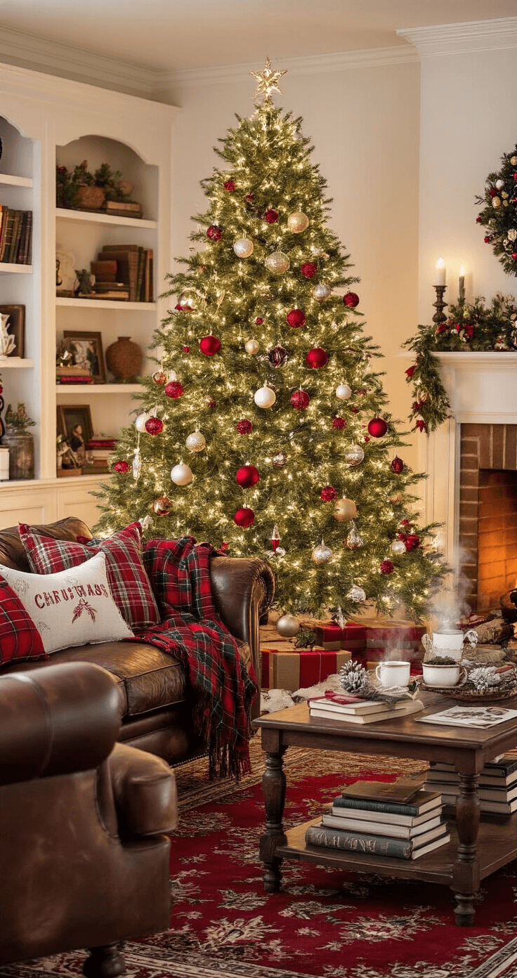 Creating a Magical Vintage Christmas Tree: A Nostalgic Holiday Styling Guide A cozy living room featuring a beautifully styled vintage Christmas tree, glowing with warm white lights and classic red, gold, and silver ornaments, beside a crackling fireplace. The scene includes a worn leather sofa with plaid throws, steaming hot cocoa on the coffee table, and vintage Christmas collectibles on the shelves, all creating a magical holiday ambiance.