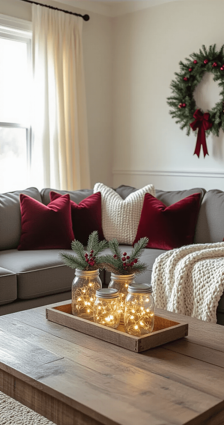 Budget-Friendly Christmas Magic: Dollar Tree DIY Crafts That'll Transform Your Home Photorealistic interior of a cozy living room bathed in warm golden hour light, featuring Dollar Tree Christmas crafts with mason jar centerpieces, a charcoal gray sectional sofa, and layered textures of a chunky knit throw and distressed wood surfaces.