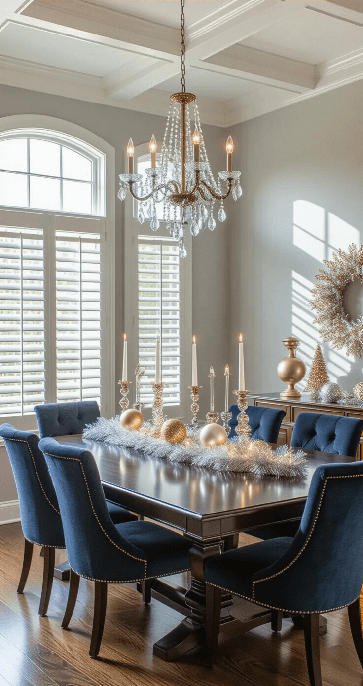 Budget-Friendly Christmas Magic: Dollar Tree DIY Crafts That'll Transform Your Home Elegant dining room featuring glitter ornament displays arranged in vintage hurricane lamps, a silver tinsel garland centerpiece, navy velvet chairs, and a dark walnut table, with natural light filtering through plantation shutters, enhancing the festive ambiance.