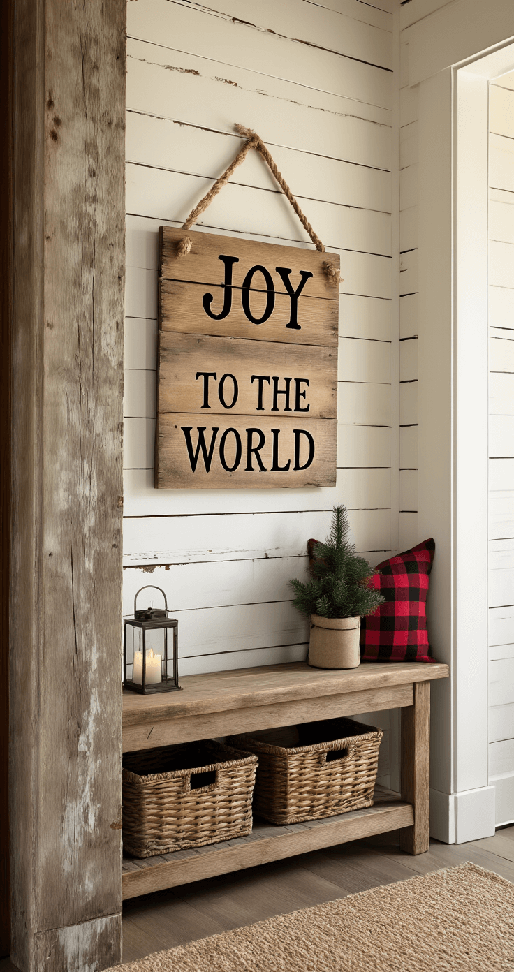 Budget-Friendly Christmas Magic: Dollar Tree DIY Crafts That'll Transform Your Home Intimate close-up of a farmhouse-style entryway featuring a wooden sign reading 'Joy to the World', illuminated by soft morning light. The scene includes a reclaimed wood bench, woven basket, buffalo plaid ribbon, small evergreen, and a vintage-style lantern, all set against weathered shiplap walls and rustic wood paneling.