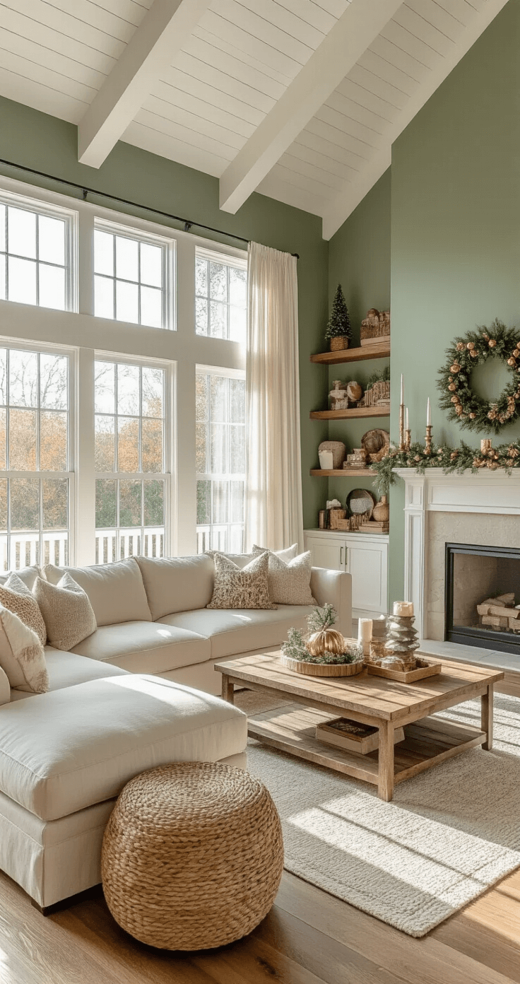 Budget-Friendly Christmas Magic: Dollar Tree DIY Crafts That'll Transform Your Home Wide-angle view of a beautifully styled living room decorated for Christmas, featuring layered Dollar Tree decor, sage green walls, vaulted ceilings, and golden afternoon sunlight streaming through white curtains, showcasing vignettes of mixed metallics and varied heights.