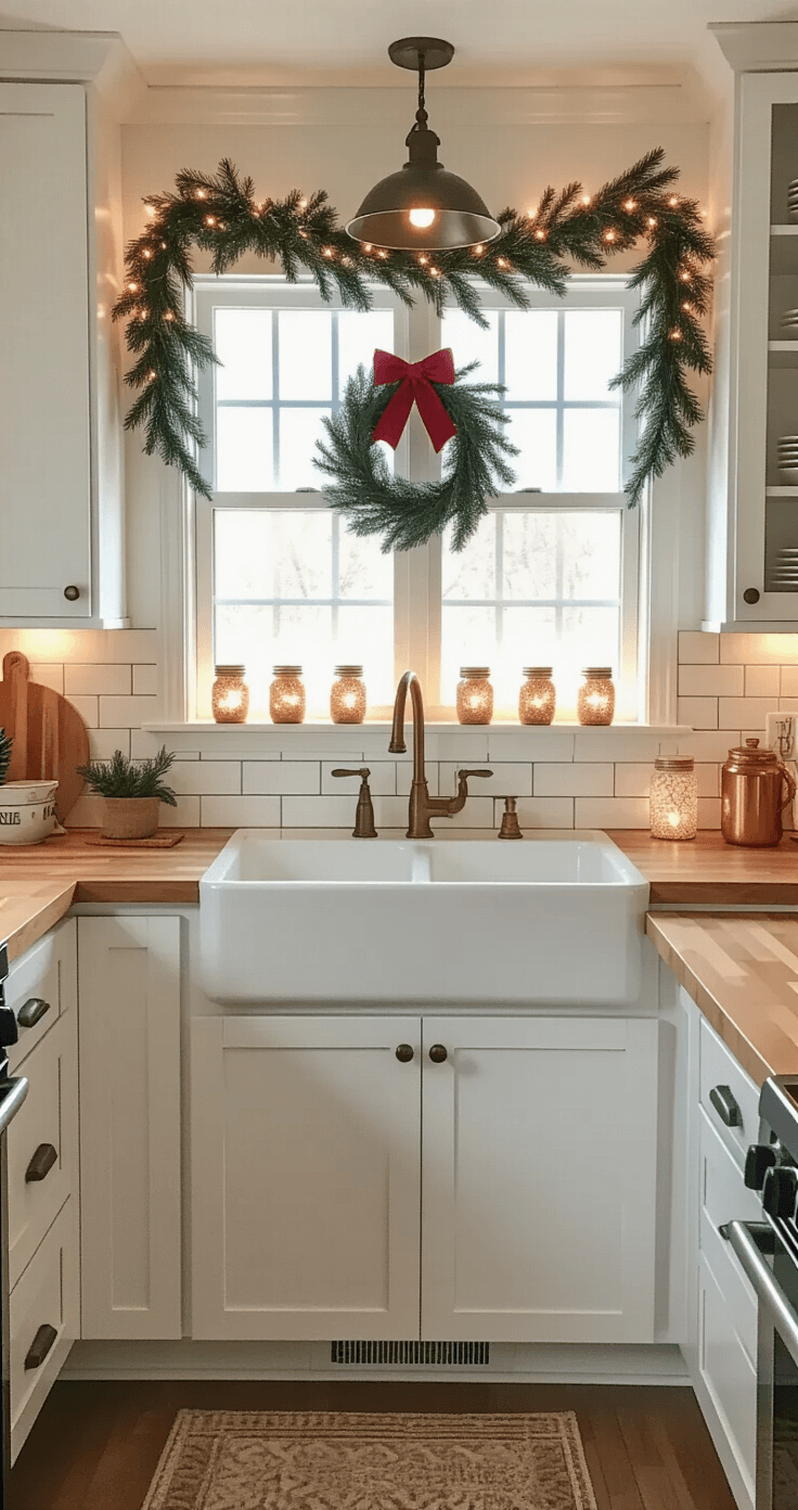 Budget-Friendly Christmas Magic: Dollar Tree DIY Crafts That'll Transform Your Home A cozy holiday kitchen scene showcasing Dollar Tree crafts integrated into a functional space, featuring white shaker cabinets with evergreen swags and red bows, illuminated by warm lighting and natural light, with mason jar luminaries, copper accents, and rustic butcher block countertops, creating a welcoming atmosphere.