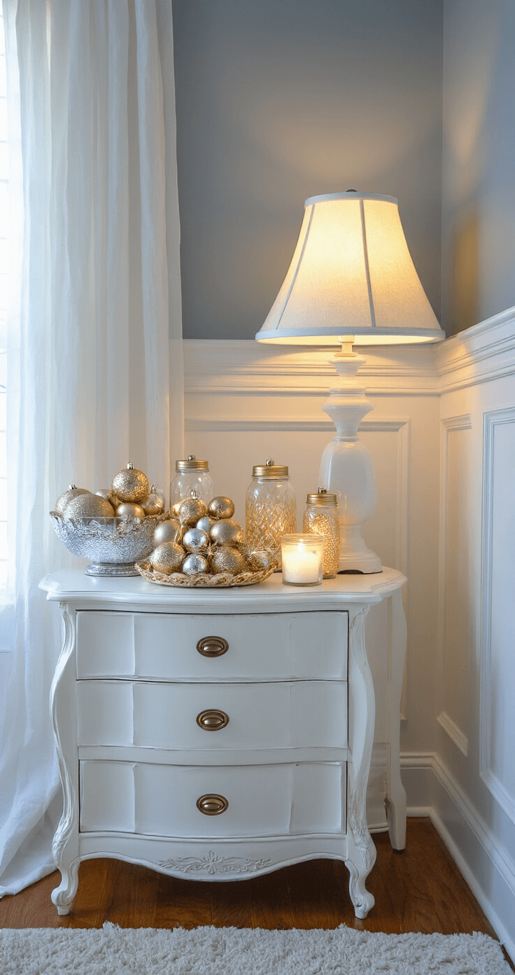 Budget-Friendly Christmas Magic: Dollar Tree DIY Crafts That'll Transform Your Home Elegant bedroom corner vignette featuring Dollar Tree Christmas decor in a sophisticated setting, with a vintage nightstand, gold-sprayed ornaments, and soft lighting during blue hour.