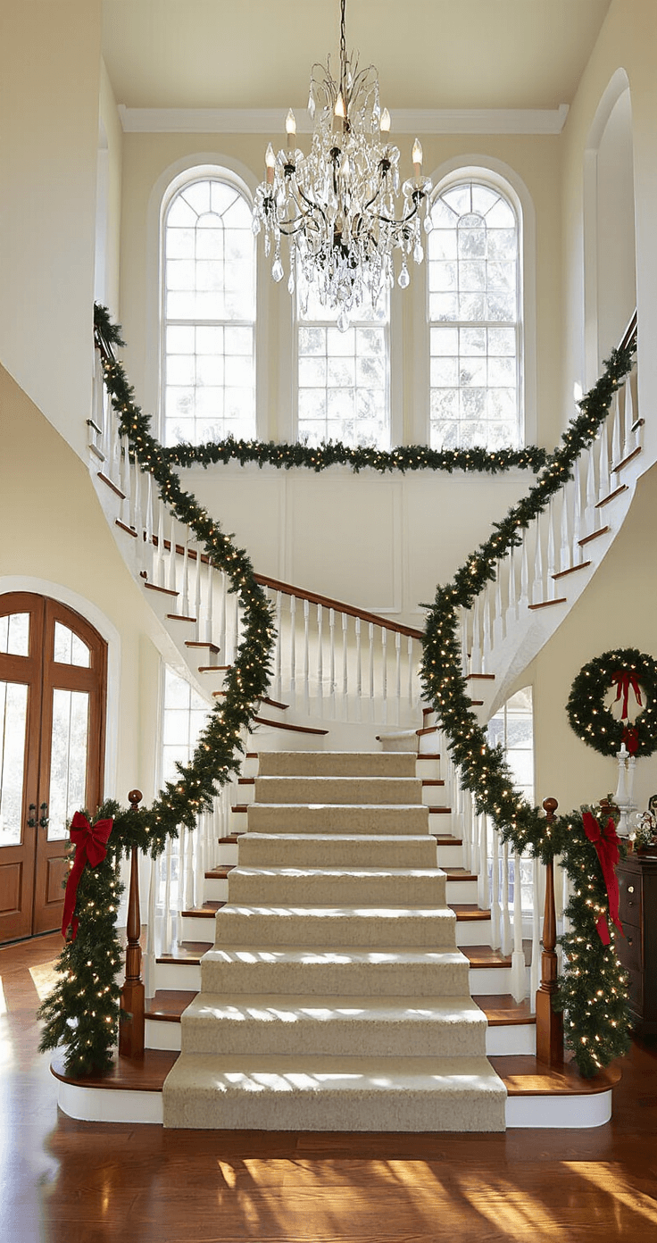Budget-Friendly Christmas Magic: Dollar Tree DIY Crafts That'll Transform Your Home Grand staircase entryway transformed for Christmas with evergreen garland, red velvet ribbons, and battery-operated string lights, illuminated by late-day sunlight streaming through tall windows, featuring a crystal chandelier and LED candles for a warm glow.