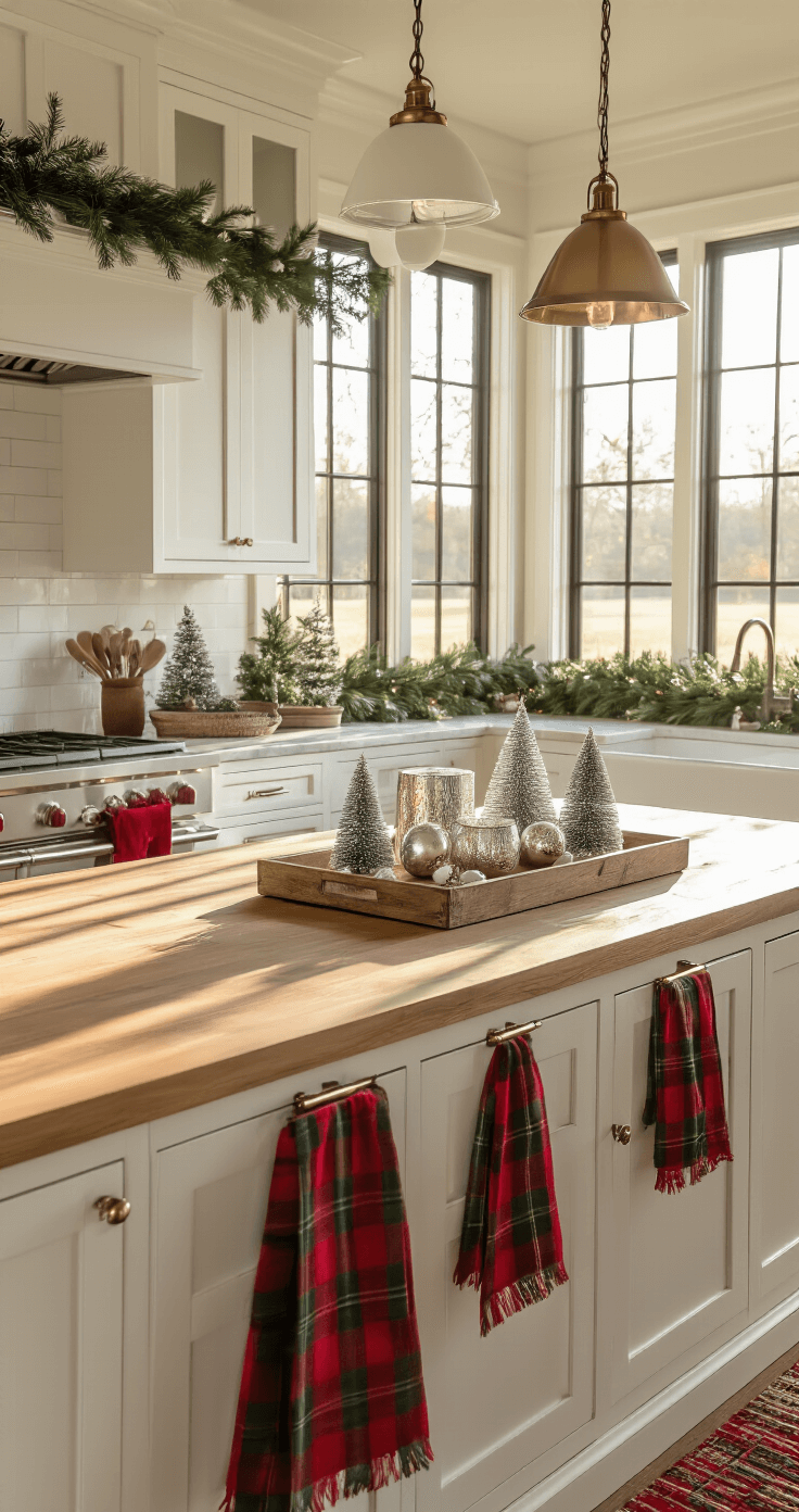 Deck the Halls of Your Kitchen: A Festive Christmas Decor Guide Photorealistic interior of a modern farmhouse kitchen filled with golden sunlight, featuring white shaker cabinets with pine garland, honey-oak countertops, a central island with holiday decorations, and cozy plaid dish towels, all creating an inviting festive atmosphere.