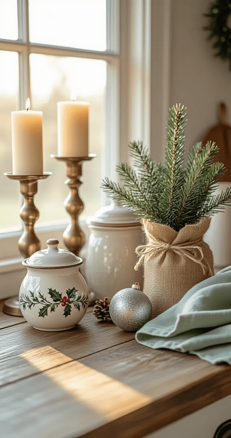 Deck the Halls of Your Kitchen: A Festive Christmas Decor Guide Intimate close-up of a weathered wood kitchen counter showcasing vintage Christmas decor, including brass candlesticks, a potted rosemary tree, mercury glass ornaments, and a ceramic cookie jar, bathed in soft golden hour light.