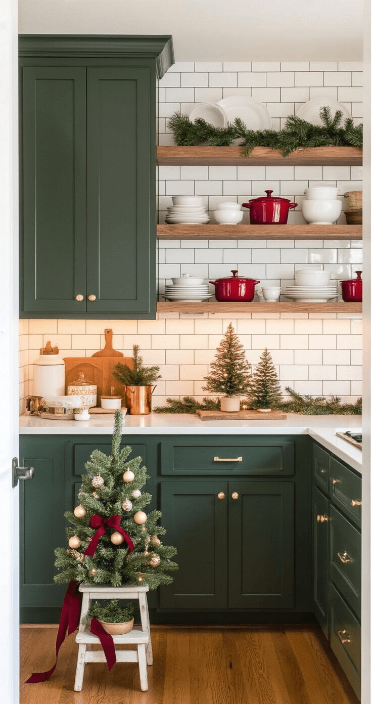 Deck the Halls of Your Kitchen: A Festive Christmas Decor Guide A cozy galley kitchen adorned for Christmas morning, featuring white subway tile, dark forest green cabinets, open shelving with white dishes and evergreen accents, a decorated Fraser fir on a step stool, and warm red enamelware and copper pots, all captured from the entrance to highlight a nostalgic holiday atmosphere.