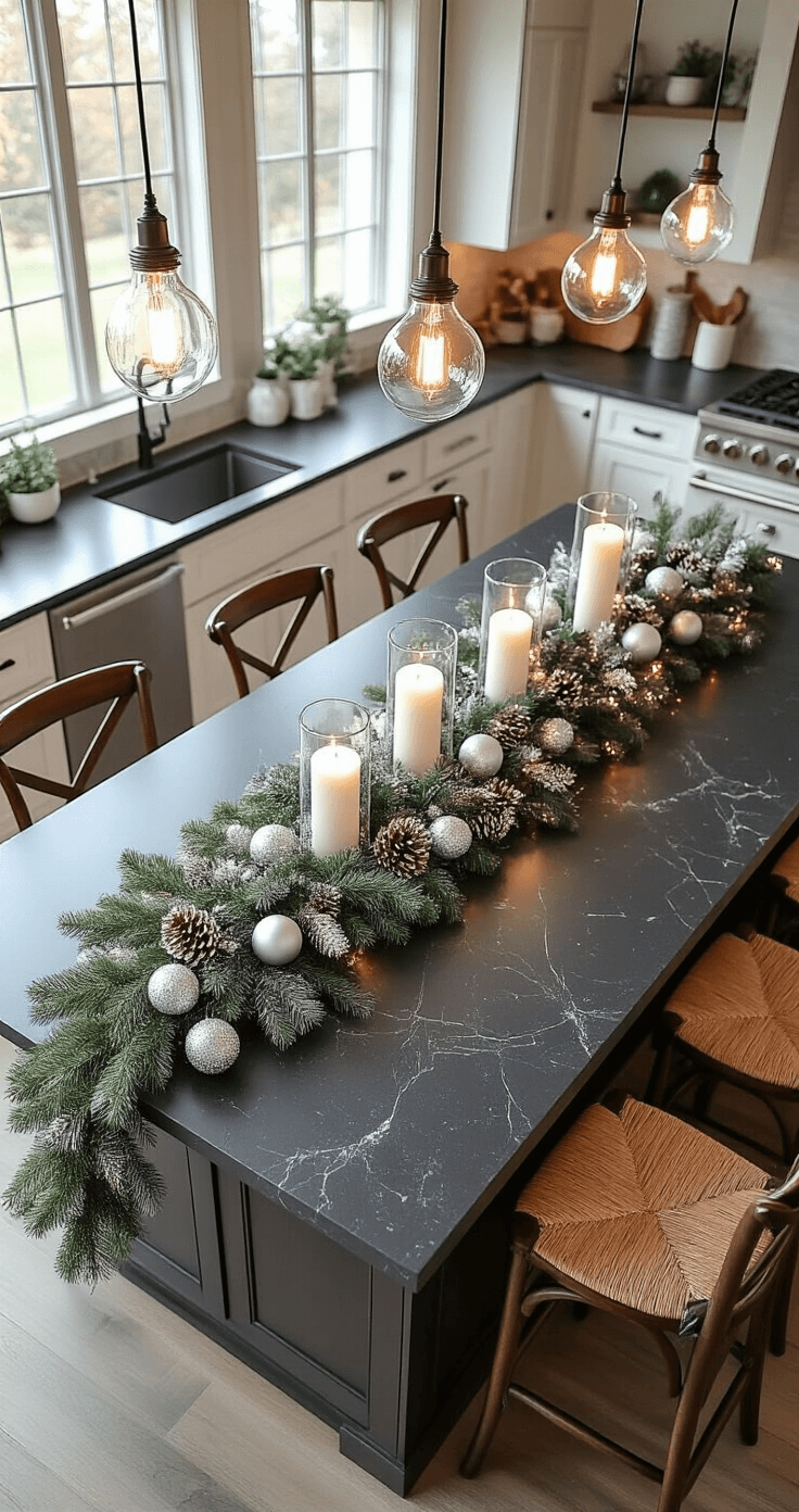 Deck the Halls of Your Kitchen: A Festive Christmas Decor Guide Dramatic overhead shot of a large kitchen island featuring a festive centerpiece with a dark charcoal quartz countertop, adorned with an eucalyptus garland, white pillar candles in glass hurricanes, silver mercury glass ornaments, and dusted pinecones, complemented by dark wood bar stools and warm pendant lighting.