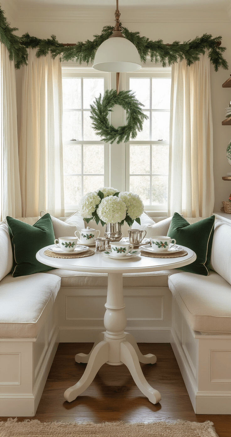 Deck the Halls of Your Kitchen: A Festive Christmas Decor Guide Cozy breakfast nook with cream cushions and green throw pillows, round table set for holiday coffee service featuring vintage holly-patterned plates and sterling silver coffee service, adorned with white hydrangeas and silver branches, bathed in soft morning light.