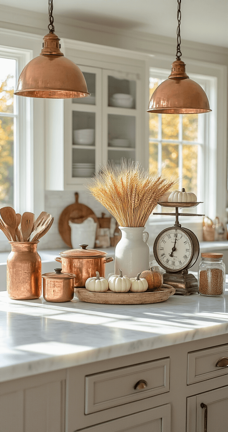 Cozy Fall Decor: Transform Your Home into an Autumn Haven A sunlit kitchen vignette featuring a white marble island adorned with fall elements like copper cookware, earthenware crocks with wooden utensils, and wheat bundles, complemented by a vintage scale with mini white pumpkins and apothecary jars filled with autumn spices, captured from a 45-degree angle to highlight the copper pendant lights above.