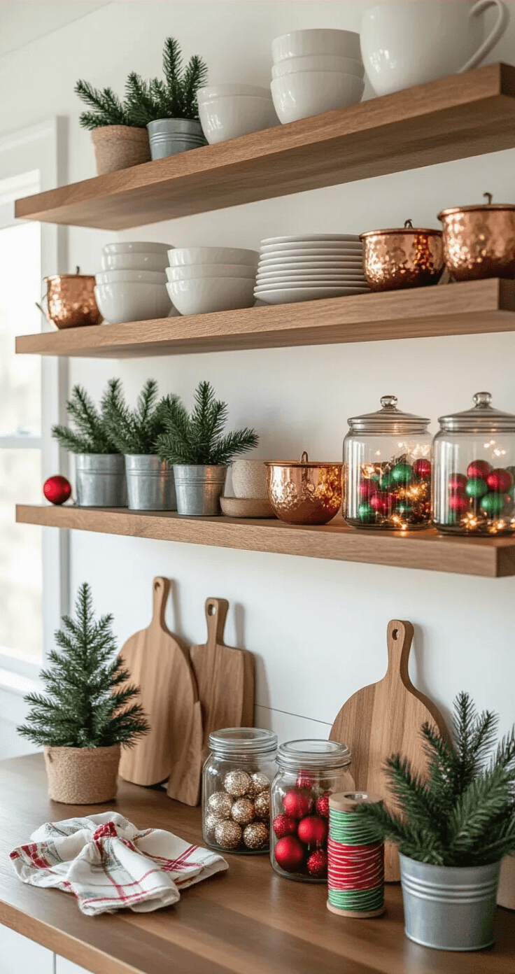 Deck the Halls of Your Kitchen: A Festive Christmas Decor Guide Dynamic angled shot of open kitchen shelving displaying a mix of holiday treasures and everyday items, including white ceramic dishes, vintage copper molds, potted evergreens, and colorful ornaments, with warm fairy lights and textured linens adding a lived-in holiday aesthetic.