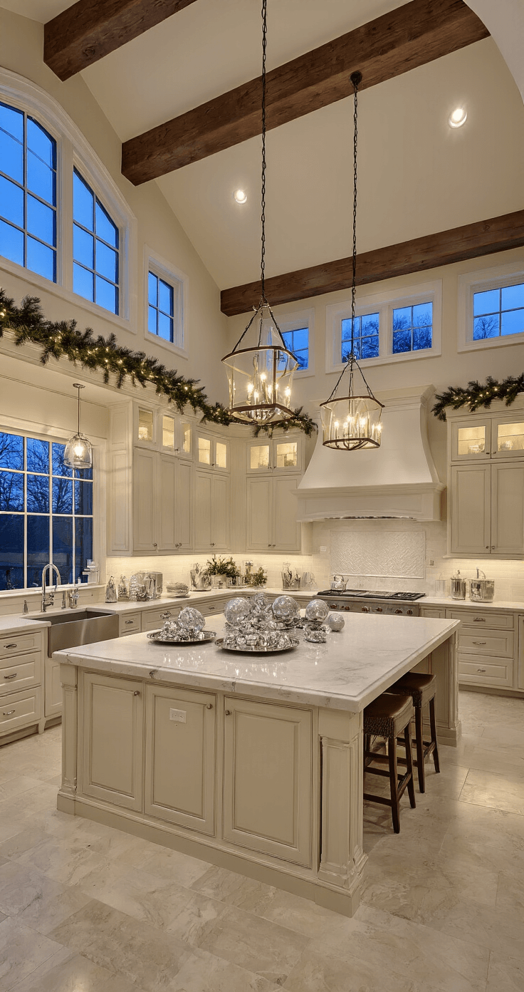 Deck the Halls of Your Kitchen: A Festive Christmas Decor Guide Luxurious kitchen with cathedral ceilings, cream cabinetry, and a massive marble island, elegantly decorated for the holidays with metallic accents and warm lighting.