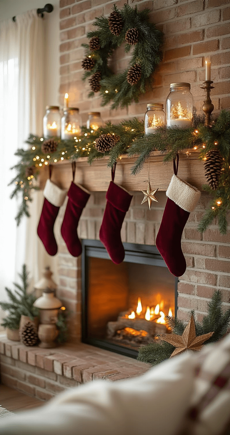DIY Christmas Decor: Your Ultimate Guide to Festive Home Magic A warm and cozy living room mantel adorned with DIY Christmas decorations, including pinecone garlands, mason jar snow globes, and velvet stockings, illuminated by golden hour light, with a soft glow from the fireplace below.