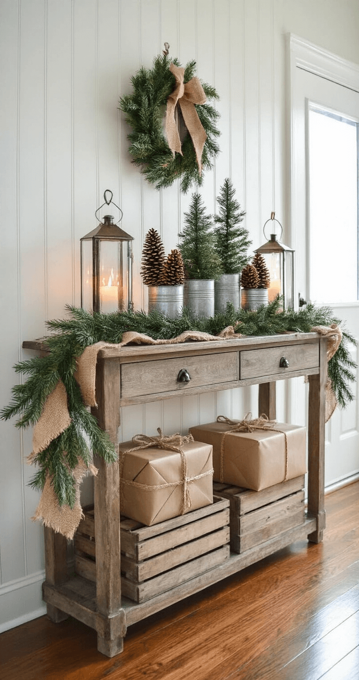 DIY Christmas Decor: Your Ultimate Guide to Festive Home Magic An inviting foyer adorned with nature-inspired Christmas decor, featuring a weathered wood console table with pinecone topiaries and wine bottle lanterns, draped garland along white wainscoting, and vintage crates holding wrapped gifts, all illuminated by soft morning light.