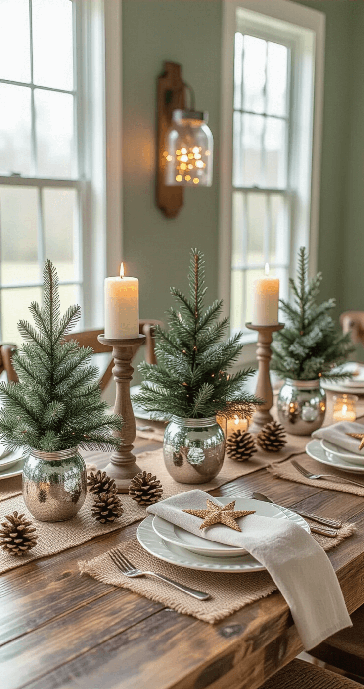DIY Christmas Decor: Your Ultimate Guide to Festive Home Magic Aerial view of a festive dining room table set with DIY centerpieces, featuring evergreen arrangements in mercury glass, scattered pinecones with artificial snow, and cream pillar candles, all against sage green walls with hanging mason jar luminaries lit by fairy lights.