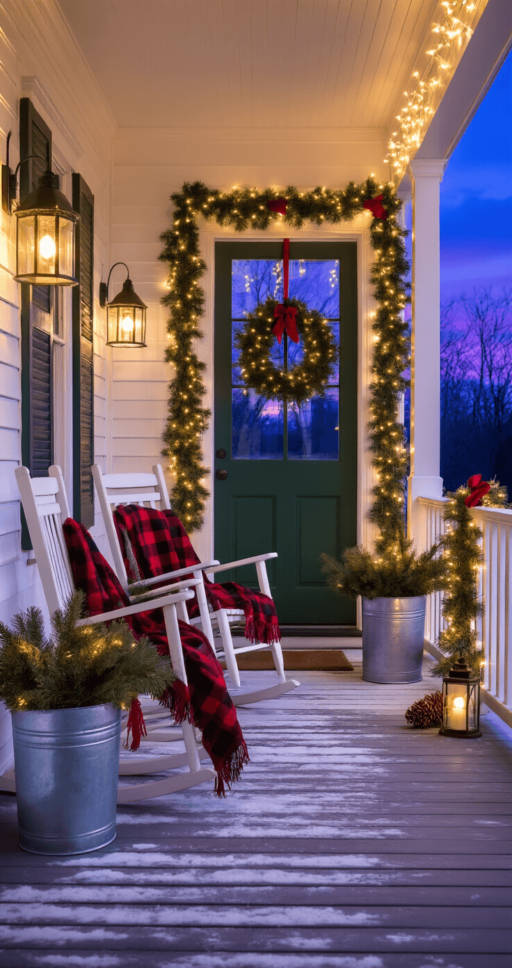 DIY Christmas Decor: Your Ultimate Guide to Festive Home Magic A charming blue hour scene of a decorated front porch featuring DIY Christmas elements, including evergreen garland, red velvet ribbons, vintage rocking chairs with plaid blankets, galvanized buckets with pine boughs, mason jar lanterns, and icicle lights, all set against a deep purple sky.