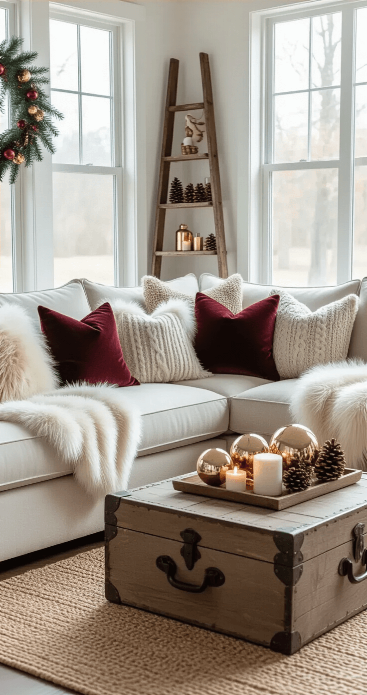 DIY Christmas Decor: Your Ultimate Guide to Festive Home Magic A cozy living room corner decorated for Christmas, featuring a cream sectional sofa with faux fur throws and velvet pillows, a rustic ladder shelf with upcycled decor, a jute rug, and a vintage trunk coffee table adorned with metallic ornaments and candles, all captured in warm natural light.